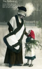 Wealthy woman meets begging child, 1910s, A woman in fur and a child in a red headscarf stand on a