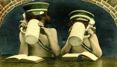 Two children with jugs, 1910s, Two children drinking from large jugs and sitting with open books,