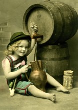 Girl tapping beer, 1920s, A girl in traditional clothing sits smiling next to a wooden barrel,