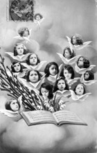 14 Children as angels, 1910, Illustration of angel children whose heads float out of an open book,