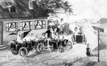 Two storks and a bunch of babies, 1920s, Children driving miniature cars on a rural road in a