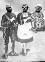 Screen with three men as mother, father and child, 1920s, Surreal presentation of three people in