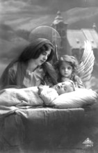 Angel with mother at the cot, 1920s, Angel and woman with halo watching over a sleeping child,