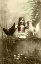 Girl with hen and cock, 1910s, Girl sitting between chickens and eggs in a coop, rural and cheerful