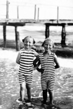 Two girls, striped swimming costume, swimwear, 1920s, Two children in striped swimming costumes on