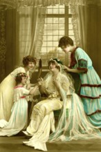 Bride bridesmaids, 1910s, woman and a girl in historical dress with mirror in an elegant room with