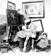 Boys prank shots, 1920s, children in a room with paintings, playing and posing, creative and