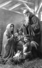 Mary, Joseph and the Christ Child, 1930s, Religious depiction with angels and child in an adoration