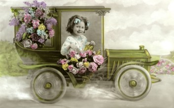 Girl in flower car, 1920s, A girl poses cheerfully from a toy car decorated with flowers,