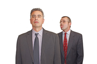 Businessman, two, grimace, suit and tie, Berlin, Germany, Two men in suits, one makes a humorous