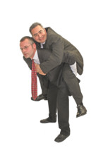 Businessman, two, burden, freeloader, suit and tie, Berlin, Germany, One man piggybacking another
