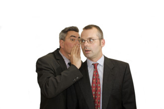 Businessman, two, whispering, communication, suit and tie, Berlin, Germany, man in suit whispering