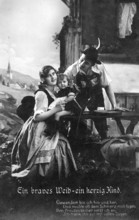 Young Bavarian family, 1920s, A family in traditional traditional costume on a terrace with an