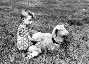 Little boy and lamb in the grass, 1930s, A boy sits lovingly next to a sheep in a meadow,