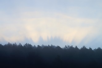 Sunbeams appear behind a forest at dawn, creates a dramatic picture, spring, Jossa, Sinntal,