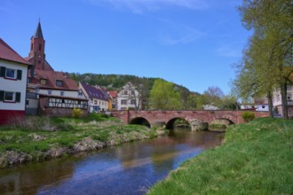 Picturesque small town view with river Saale, bridge and half-timbered houses under blue sky,