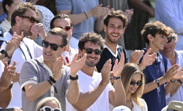 From left, actor Mark Keller, presenter Kai Pflaume, Mats Hummels with girlfriend Nicola Cavanis,