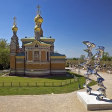 Russian chapel with stainless steel sculpture entitled Points of View by Tony Cragg, Mathildenhöhe,