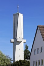 Spire of the Roman Catholic Church of St Fidelis, brutalist building, Mornewegviertel, Darmstadt,