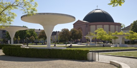 Georg-Büchner-Platz with white concrete mushrooms and St Ludwig's Church, public square, Darmstadt,