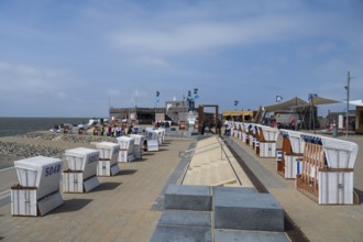 Beach chairs on the promenade, family lagoon, Perlebucht, Büsum, North Sea, Schleswig-Holstein,