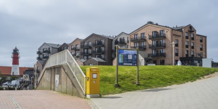 Hotel and apartment building, lighthouse, Am Hafen, Büsum, North Sea, Schleswig-Holstein, Germany
