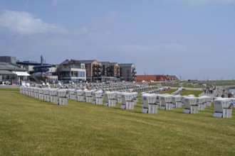Beach chairs on the green beach, building on the promenade, Büsum, North Sea, Schleswig-Holstein,