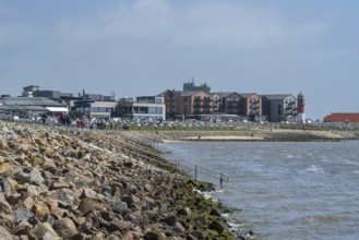 Coast and green beach, view of town, Büsum, North Sea, Schleswig-Holstein, Germany