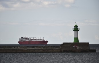 LNG tanker Iberica Knutsen at the Sassnitz lighthouse on Rügen, Mecklenburg-Western Pomerania,