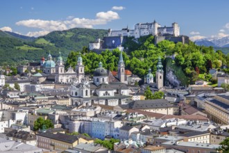 Panoramic view from the Mönchsberg with the churches of the old town and Hohensalzburg Fortress,