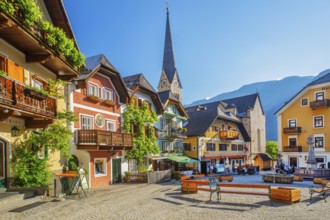 Market square in the town centre, Hallstatt, Lake Hallstatt, UNESCO World Heritage Site,