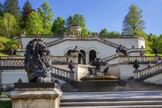 Terraces of the Temple of Venus in the park of Linderhof Castle in spring, municipality of Ettal,