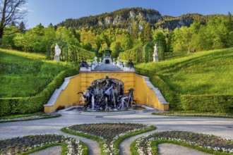 Neptune Fountain at Linderhof Castle in spring, municipality of Ettal, Ammergau Alps, Ammertal,