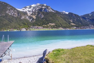 Lakeshore with bright water colours, Pertisau, Achensee, Tyrolean Alps, Tyrol, Austria
