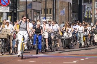 Central cycle path along the Vredenburg, in the city centre of Utrecht, lanes for pedestrians,