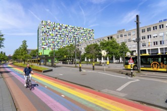 Rainbow cycle path through the university campus in Utrecht Science Park, 570 metres long, Utrecht