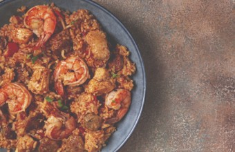 Jambalaya, Creole dish, American pilaf, rice with chicken and shrimp, vegetables, homemade, no