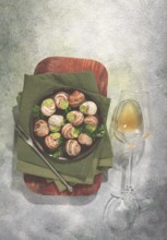 Grape snails stuffed with butter and herbs, top view, glass of wine, French cuisine, no people