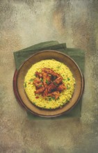 Crispy chicken fillet in soy sauce, with fried rice, homemade, no people