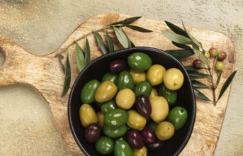 A mixture of olives, varieties of chalkidiki, Verdi giganti and Kalamata, in a bowl, top view, no