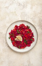 Salmon gravlax with beetroot, Scandinavian snack, beet gravlax, lightly salted fish, homemade, no