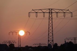 Transmission of energy with high-voltage lines, symbolic image for the energy transition, evening