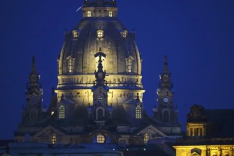 Dresden at the blue hour, view of the Church of Our Lady, June, Saxony, Germany