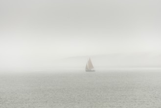 A sailing boat is travelling on the ocean on a cloudy day. The sky is overhanging and the water is
