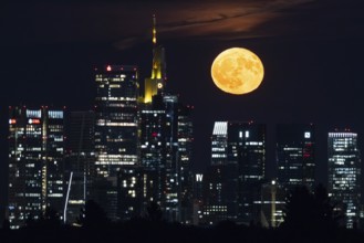 The full moon, known as the strawberry moon in June, passes over the Frankfurt banking skyline,