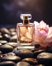 Bottle of perfume with flower and stones, cosmetic products, creative atmosphere, AI generated