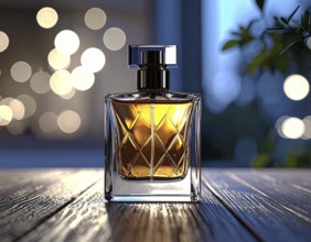 Bottle of perfume on a wooden table with bokeh background, AI generated