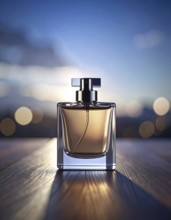 Bottle of perfume on a wooden table with bokeh background, AI generated