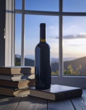 Bottle of wine and old books near the window, still life, AI generated