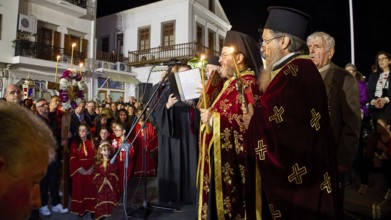 Good Friday, Epitaphios, funeral procession, priest in traditional traditional costume speaking